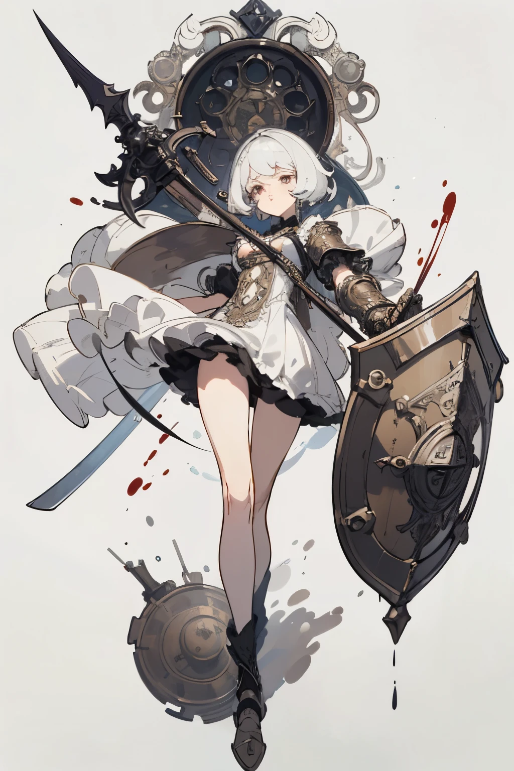 ((best quality)), ((masterpiece)), (detailed), perfect face ((best quality)), ((masterpiece)), (detailed), blank white background, plain background, white background, Bloodborne inspired, occult aesthetic, occult, detailed and intricate steampunk and detailed gothic, (zentangle, mandala, tangle, entangle), NSFW, a beautiful goddess adorned and enshrined in armour, Bloodborne inspired , occult aesthetic , occult , detailed and intricate steampunk and detailed gothic , wielding a sword and holding a shield, Fluttering lace flared short dress with frilly petticoats, beautiful small breasts, small breasts, full body, whole body, body,