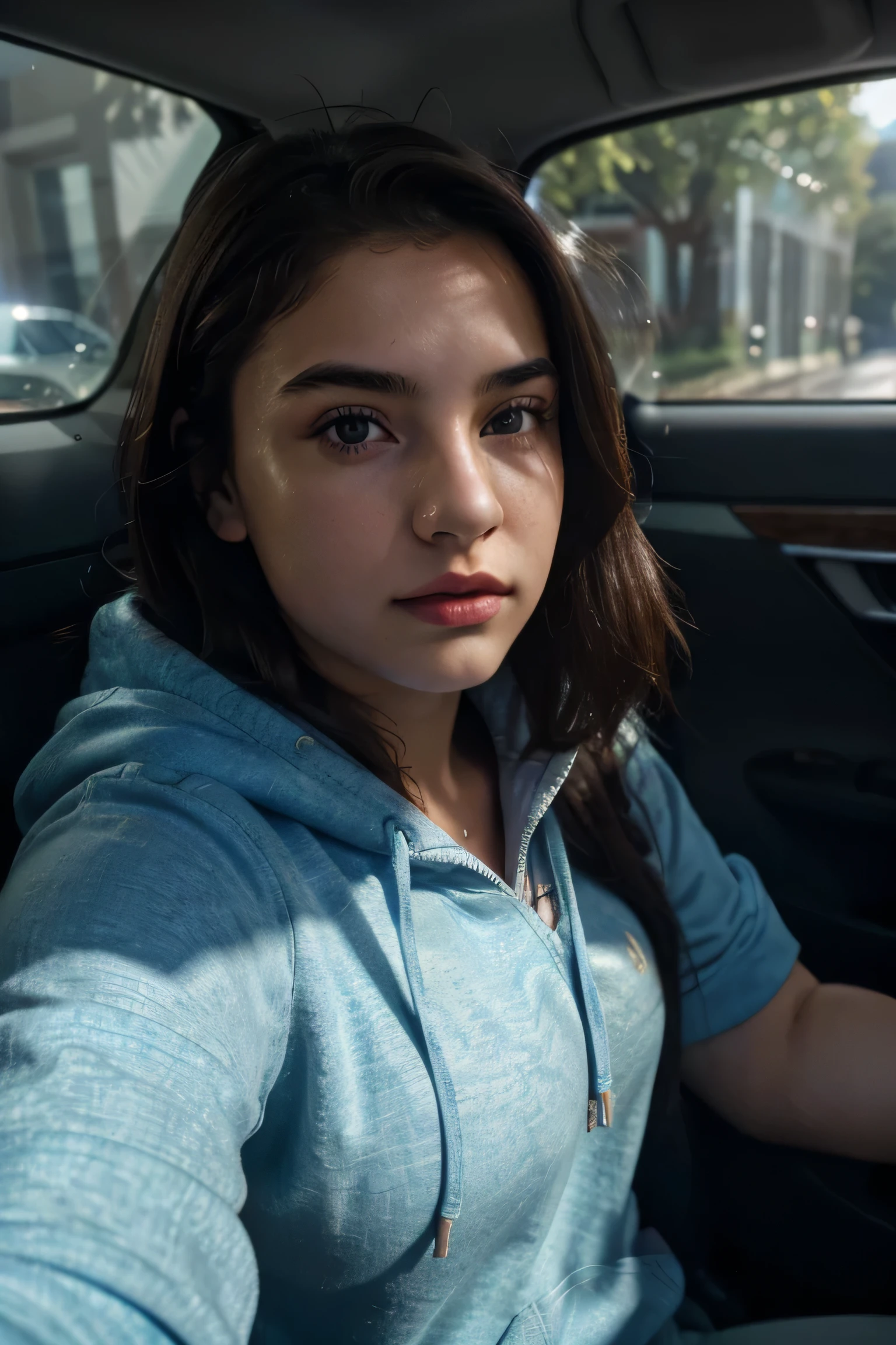 RAW photo, a 19-year-old-girl, upper body, selfie in a car, blue hoodie, inside a car, driving, lipstick, soft lighting, high quality, highres, sharp focus, extremely detailed, (sunlight on face), beautiful detailed eyes, masterpiece, cinematic lighting, dslr, Fujifilm XT3