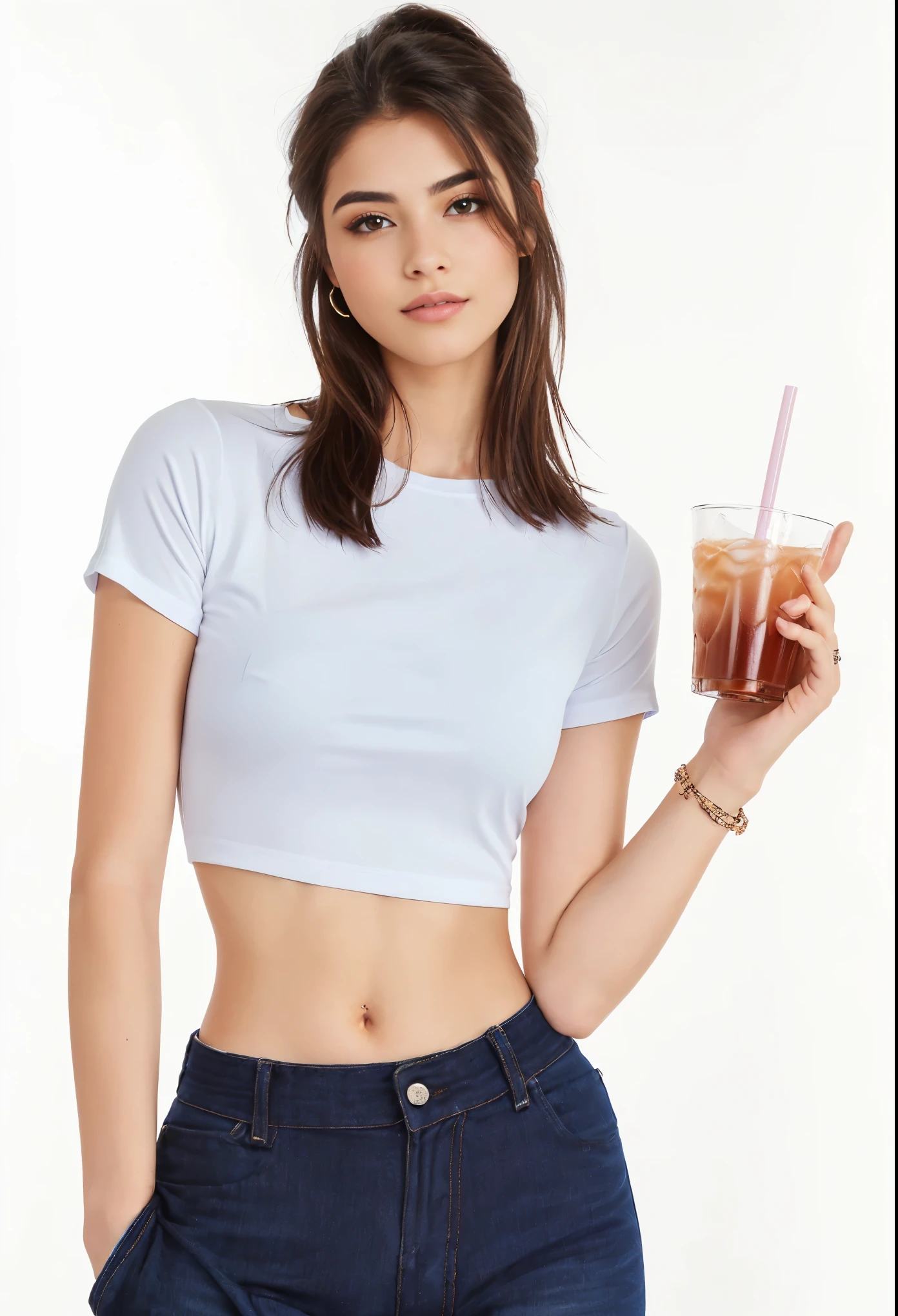 arafa woman holding a drink and a straw in her hand, com camiseta rasgada, usando um top cropped sexy, vestindo um top cortados, camiseta azul apertada, vestindo um top cortado, corte superior, corte superior, wearing corte superior, vestindo roupas simples e justas, camisa apertada, wearing a corte superior, wearing camisa apertada, estilo de roupa casual