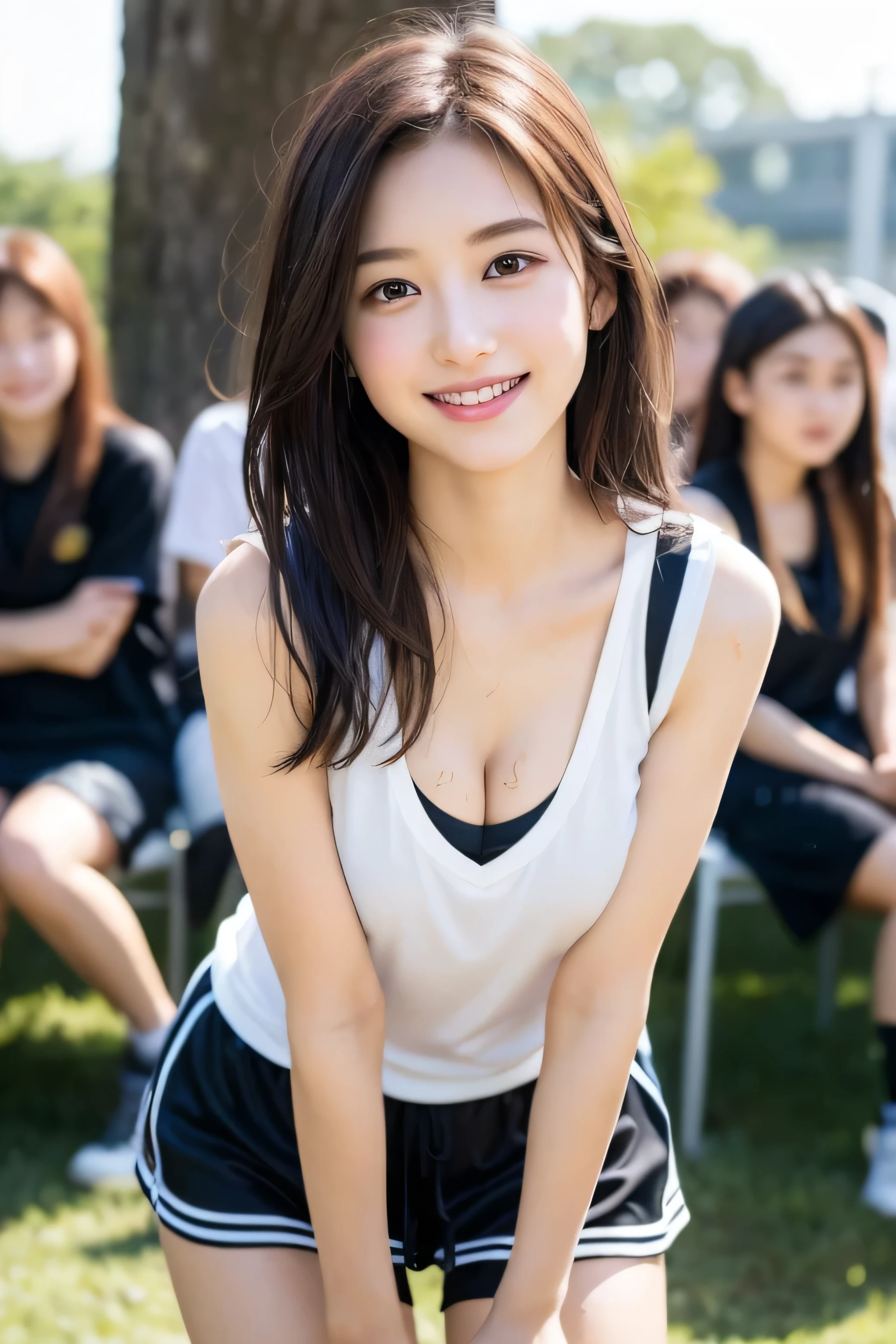 （8k、live-action、Raw photo、highest quality、masterpiece：1.2),(Outdoors),((Perfect lighting)),(Wet hair),Watching the audience,Sexy pose, cute smile,18-year-old,student,White skin,knees,Small Face,Part the front hair from the center、The forehead is visible,skinny,skinny)、masterpiece,highest quality、超A high resolution,one person, solo,Close-up shot、cute、Back to Students,(Sporty clothes:1.3),High school girl,Japanese women,（Photoreal：1.37）、Photon Mapping,Realistic、cuteSmall Face,Brown eyes、prospect、Depth of written boundary、Blurred Background、Real,(I can see the front hair), hair, I can see the knees, thigh,(Nogizaka Idol), actress、Big and ample breasts、Cleavage、Super fine、Low people、(Skin with visible pores:1.2)、(Focus on the face)、8 heads、Natural neck、Check and correct the skeleton