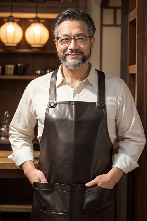 High Definition、Highly realistic photos,Rembrandt Lighting, (photorealistic:1.2), (best quality), (Delicate skin:1.3), (Intricate details), Ray tracing,A Japanese leather craftsman,Middle-aged man,Wearing a leather work apron,Short beard,Wearing glasses,And a friendly and cordial smile,Some wrinkles on the face, Front of face, (Intricate details), Dramatic, Ray tracing, Front of face, masterpiece, best quality, high resolution,