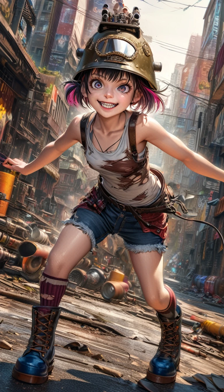Realistic, tank girl, young girl, big eyes, crazy smile, crazy colorful short hairstyle, crazy smile, wearing old military helmet, google, torn tank top, short shorts, colorful knee-high socks, untied and oversized combat boots, immersive punks background, 8k, ultra-detailed, intricate details, hdr, raw photo, bokeh, 