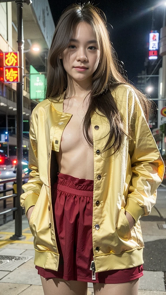 Masterpiece, (best quality:1.4), ultra high res, master photography, professional color grading, depth of fields, rule of third, 50mm, film grain, (photorealistic:1.4), cinematic lighting, chromatic abberation, 1girl, long hair, wearing coach jacket, streetwear, hypebeast, detailed face, detailed eyes, flat chest, looking at viewer, front view, cowboy shot, Hong Kong street background, night, city light, blurry background, sfw