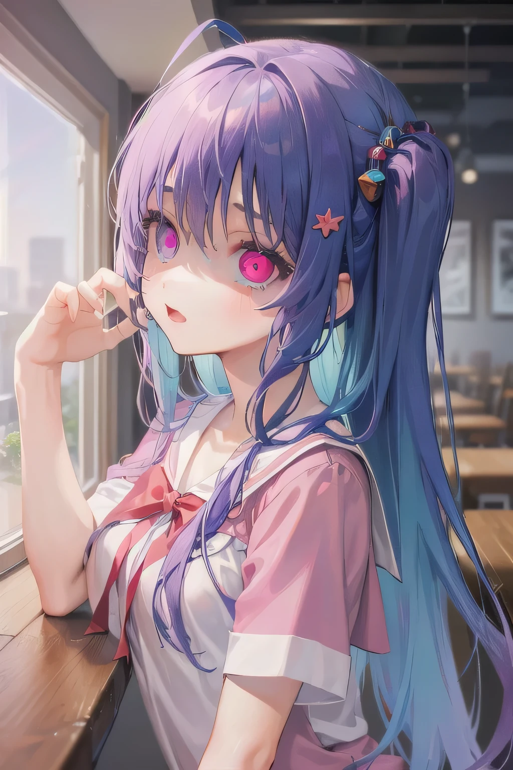 (Tabletop:1.0), (highest quality:1.4), (High resolution:1.2), From the side,Sharp contours, long hair, highest quality, masterpiece,Glasses,Voice of the Heart,yandere,Browsing Caution,nude,facial,Excessive ,Chest to chest,Upper Body,Ecstasy,saliva,blush,Heterochromia iridis,Colorful Hair,Dynamic composition