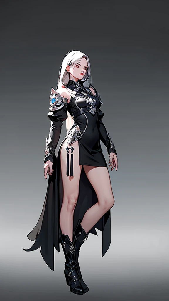 game design，beautiful, best quality,1 Girl, Looking at the audience, Female Warrior，detail，（DNF） ((Strong contrast)),，Wearing a black dress，boots，White long hair。（（White background））Standing posture。