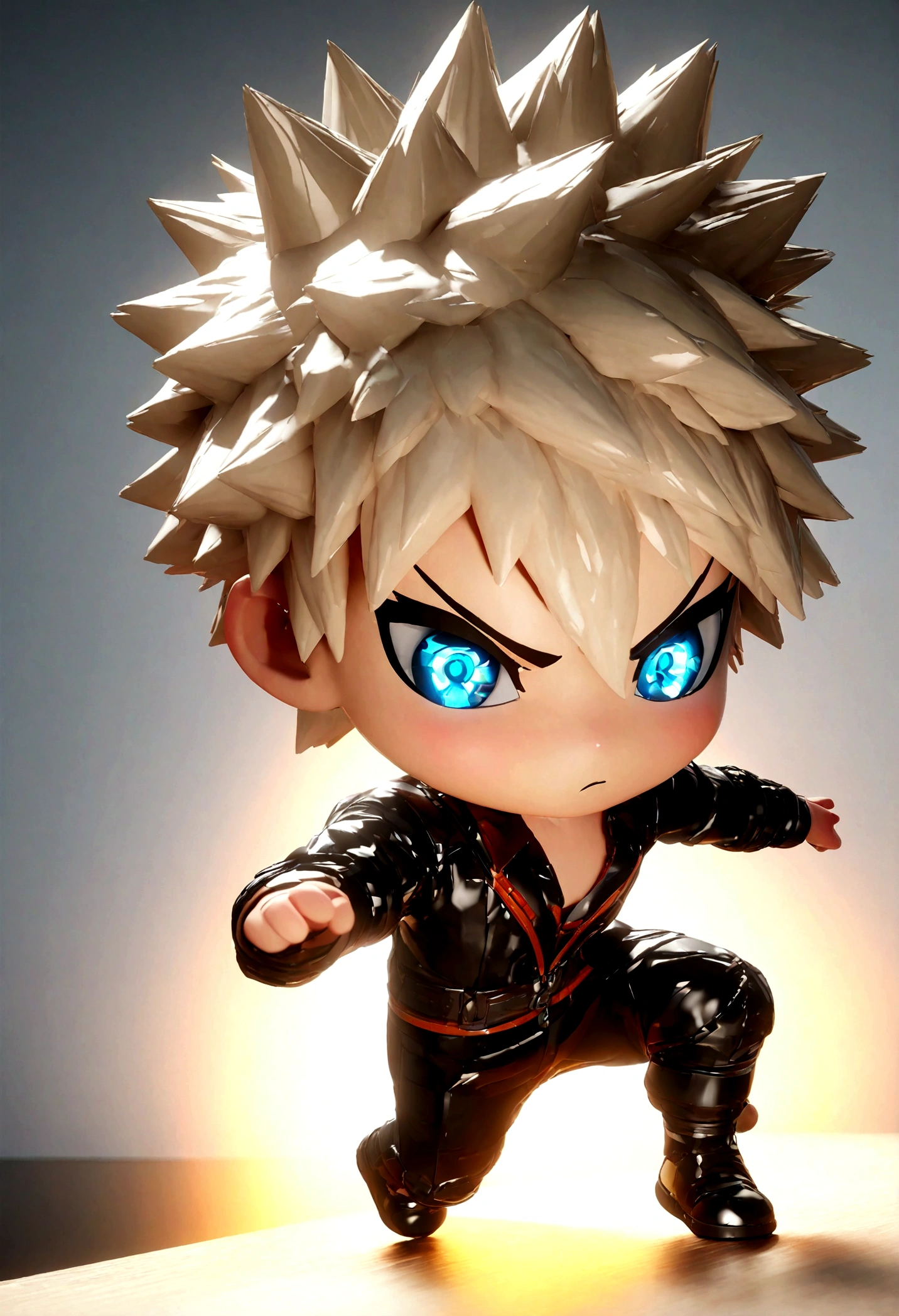 cute small chibi bakugo, detailed facial features, expressive eyes, detailed hair, dynamic pose, white background, 3d render, high quality, 4k, photorealistic, masterpiece, vibrant colors, dynamic lighting