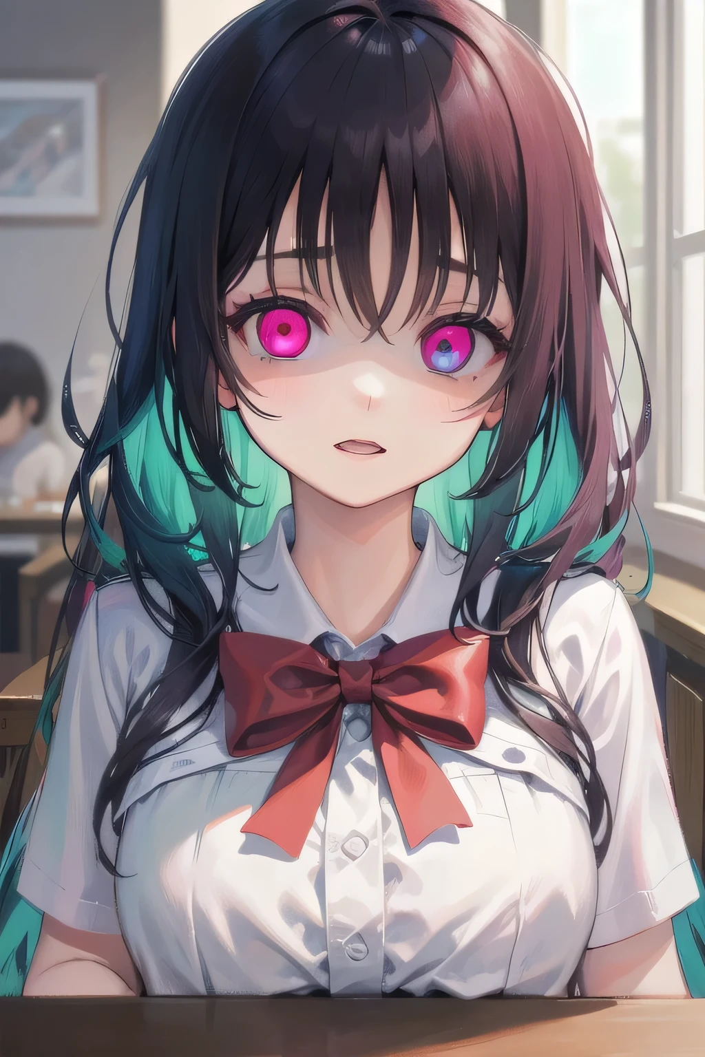 (Tabletop:1.0), (highest quality:1.4), (High resolution:1.2), From the side,Sharp contours, long hair, highest quality, masterpiece,Glasses,Voice of the Heart,yandere,Browsing Caution,nude,facial,Excessive ,Chest to chest,Upper Body,Ecstasy,saliva,blush,Heterochromia iridis,Colorful Hair,Dynamic composition