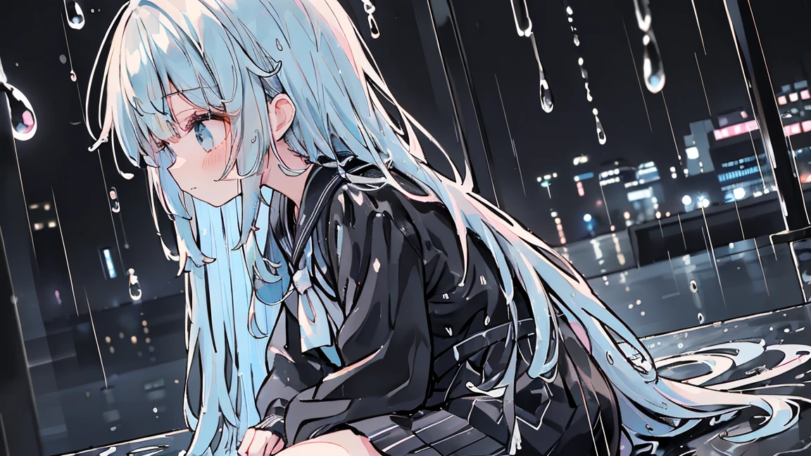 Absurd, High resolution, (Anime Style:1.1), ((Tabletop)), ((highest quality)), (Super detailed), (beautiful),beautiful face、(lift),cute、Wet Hair、Wet hair、length、Gray Hair、Black jacket、Cool jacket、rain、I have my hands in my pockets、nightの街並み、neon、Near future(((neon、Wet hair、Wet Hair、rain、rainが降っている、rain)))、night、((Sailor suit))黒Sailor suit、I'm sitting、(((((side、profile、)))))(((length black skirt)))、Long skirt、((Black Long skirt))