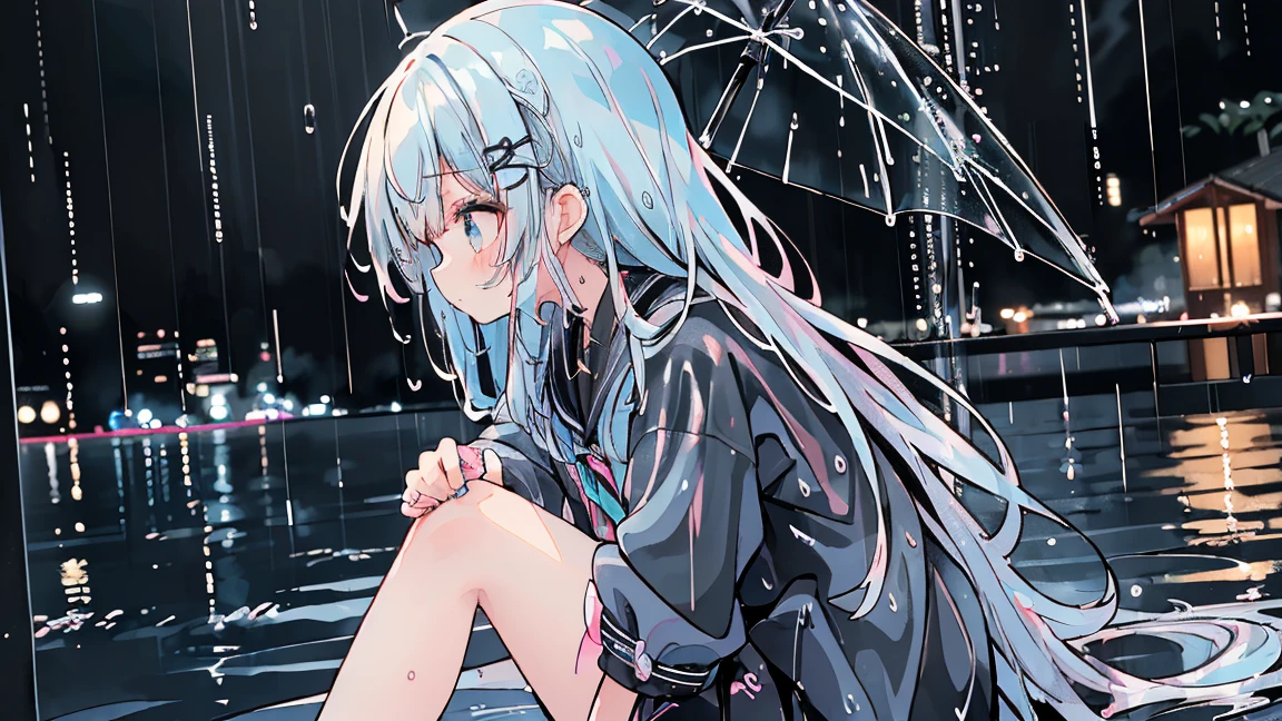 Absurd, High resolution, (Anime Style:1.1), ((Tabletop)), ((highest quality)), (Super detailed), (beautiful),beautiful face、(lift),cute、Wet Hair、Wet hair、length、Gray Hair、Black jacket、Cool jacket、rain、I have my hands in my pockets、nightの街並み、neon、Near future(((neon、Wet hair、Wet Hair、rain、rainが降っている、rain)))、night、((Sailor suit))黒Sailor suit、I'm sitting、(((((side、profile、)))))(((length black skirt)))、Long skirt、((Black Long skirt))