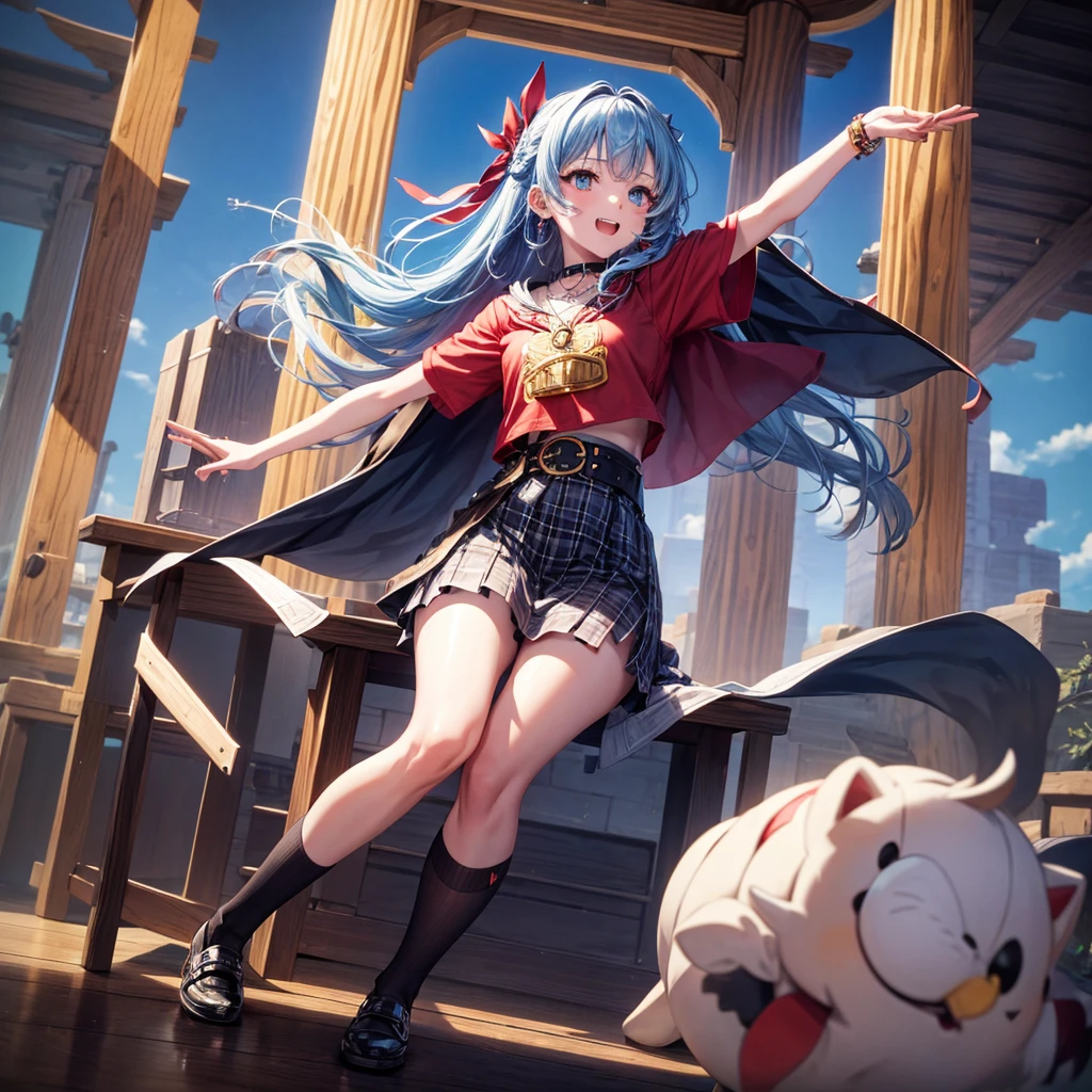 Red Blue Hair、Golden Eyes、Braid、One good looking girl、solo、anime、Checkered mini skirt、Ruffles on the skirt、Red T-shirt、Cape、Gothic、Black knee-high socks、bandana、Wearing a ribbon、Ribbon on waist、Tilting face、Teeth are visible、Sunset sky、Piercing the clouds、Contrail、Cumulonimbus、Pillar of Light、Silver coin necklace、A world of light、Spreading his arms for balance、shine、Tap from above、bell、torii