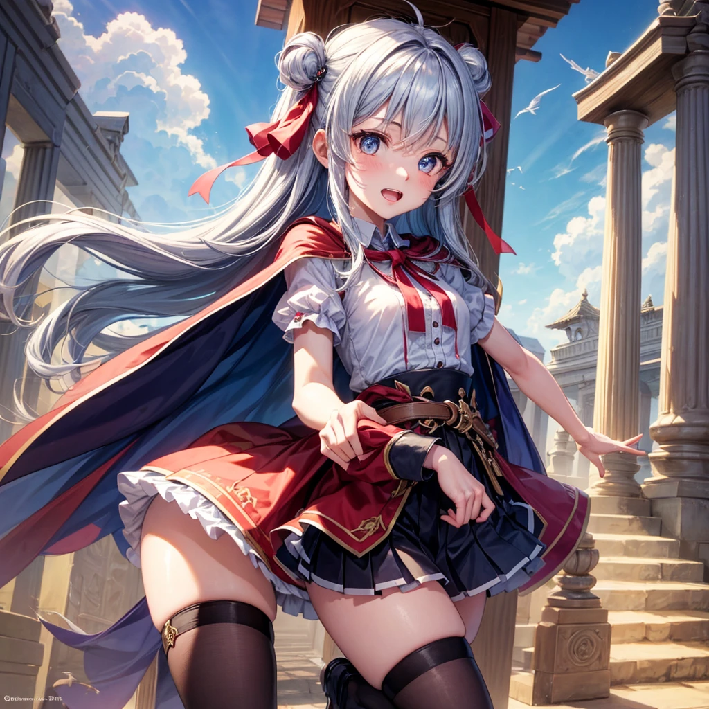 Red Blue Hair、Golden Eyes、Braid、One good looking girl、solo、anime、Checkered mini skirt、Ruffles on the skirt、Red T-shirt、Cape、Gothic、Black knee-high socks、bandana、Wearing a ribbon、Ribbon on waist、Tilting face、Teeth are visible、Sunset sky、Piercing the clouds、Contrail、Cumulonimbus、Pillar of Light、Silver coin necklace、A world of light、Spreading his arms for balance、shine、Tap from above、bell、torii