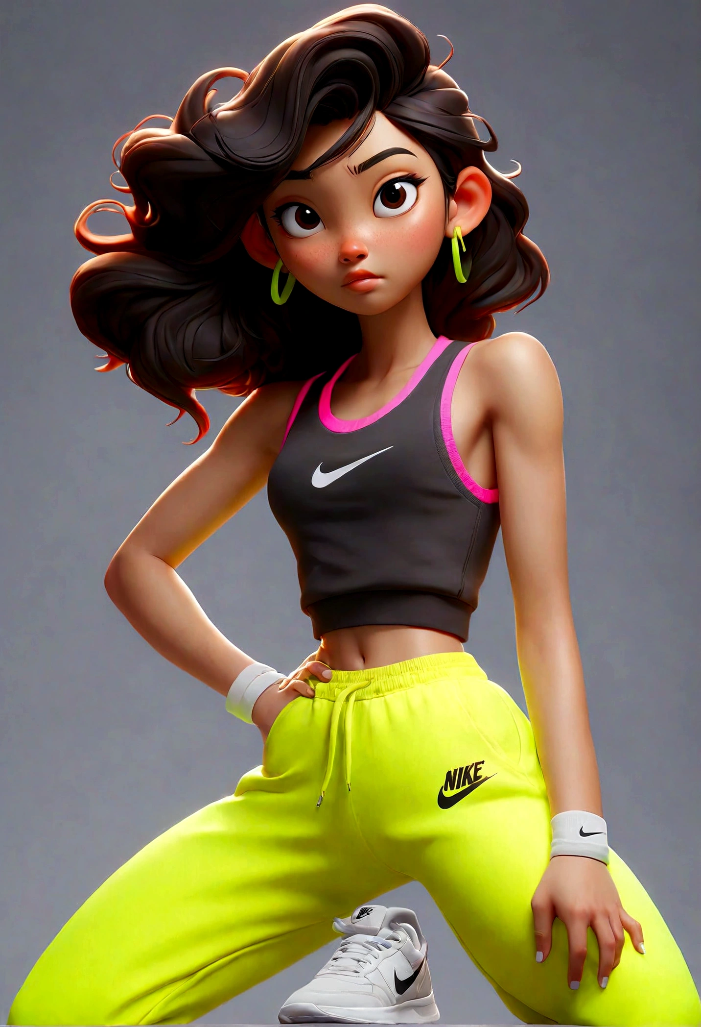 a pretty asian girl, 18 years old, neon color tanktop, jogger pant, grey background, white nike sneakers, standing