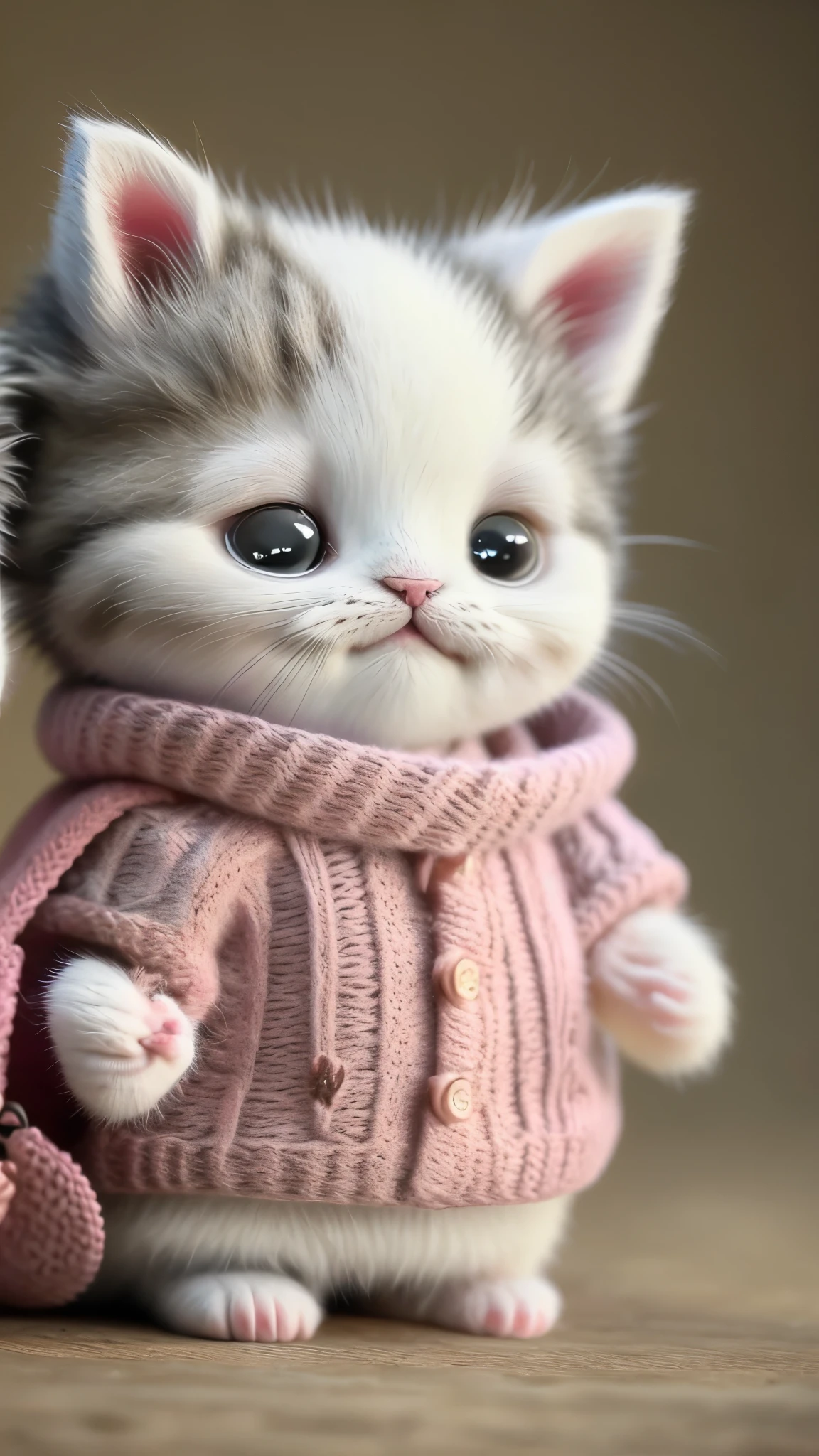 kitten in clothes， miniature kitten， Animal focus， bearded， Realistic， Gonzo hand， ambiguous background，smile，interesting、