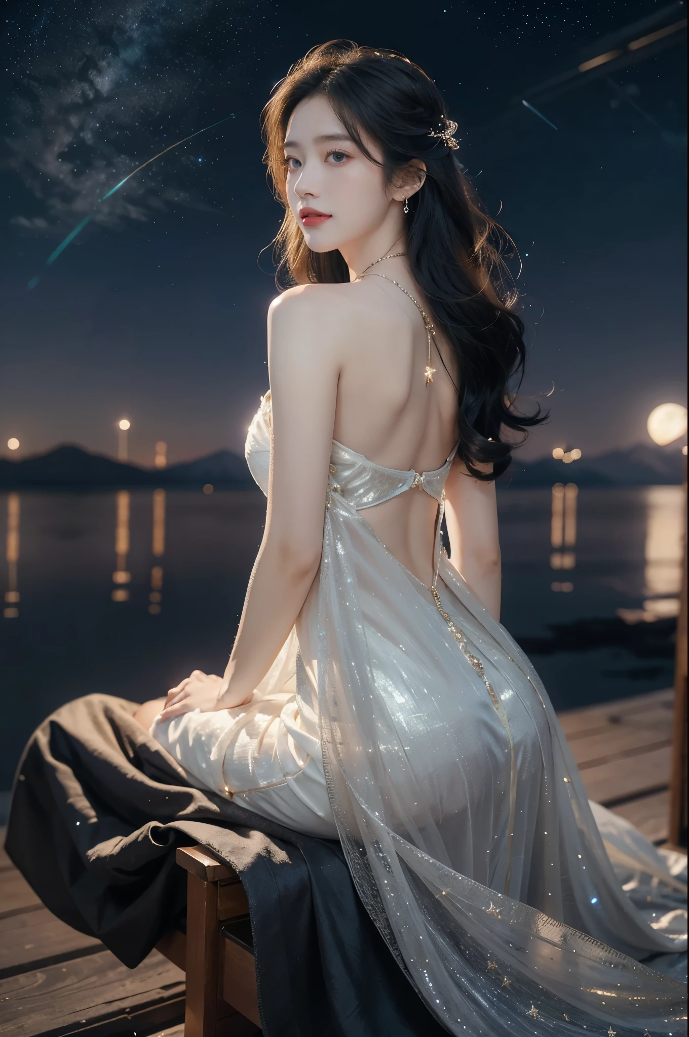 a beautiful girl,gorgeous dress,sitting,on the moon,detailed background of the moon,Moon Goddess,Beautiful Celestial Mage,Goodness of Heaven, Celestial Fairy,very Beautiful fantasy art,8k high quality detailed art,medium straight bob hair,crystal necklace,slim,thin,bare back,towering hips,butt crack,best quality,masterpiece,starry sky,night scene,close-up of face,laughing,realistic,from back