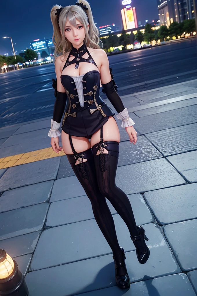 One Girl,Tight waist、 Reflection of light、Night City,cherry blossoms、(high quality,8k, Realistic, 最high quality,masterpiece,Very detailed, Absurd) ,Night cityscape、Night City、Random hair color(Other than black hair)、Blonde、Silver-haired gal、short hair, Randomly placed twin tails、Waves at the ends of twin tails,Curly Hair、Shining Sweat、Perfect Skin,Sweat is noticeable、太もものSweat is noticeable、Knee socks、 Fair skin,Tight waist, Sweating profusely、Sweaty hair、Sweaty clothes、Sweaty、Visible sweat、rain-wet hair、alone,Outdoor、heavy rain、heavy rainで全身びしょ濡れ、heavy rainで全身びしょ濡れの服、High heels、 ((Perfect hand shape))、(Perfect foot shape、Sweet look、Gestures to seduce a man
