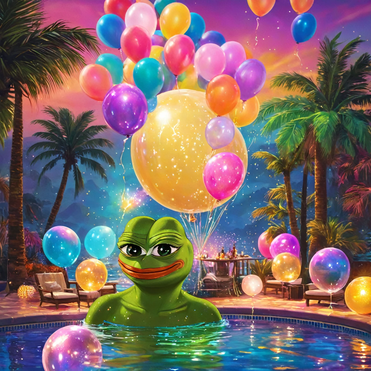 ((Pepe_frog:)1.5) in tropical beach party, ornate opulent mansion, wealthy socialite, swimming pool, palm trees, colorful neon lights, lavish furniture, champagne glasses, glitter, balloons, dancing, disco ball, mood lighting, luxurious, photorealistic, 8k, best quality, highly detailed, cinematic, dramatic lighting
