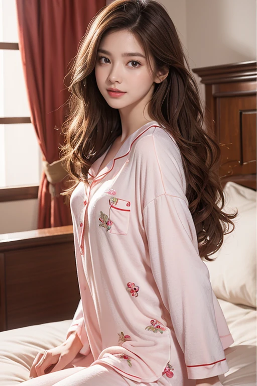 highest quality、4K、Perfect Face、Perfect Style、Sunburn、beautiful、cotton pajamas、Mature、long curly layer brown hair、Swept-back hair、full body, in bedroom、no make up、in morning、sexy 、charming、healthy