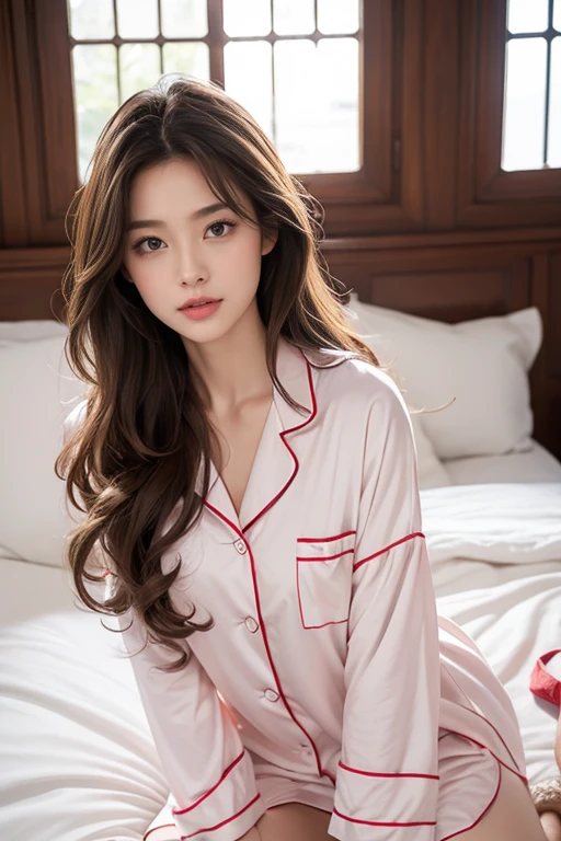 highest quality、4K、Perfect Face、Perfect Style、Sunburn、beautiful、silk pajama、maature、long curly layer brown hair、Swept-back hair、full body, in bedroom、no make up、in morning、sexy 、charming、healthy、she is sleeping、smile