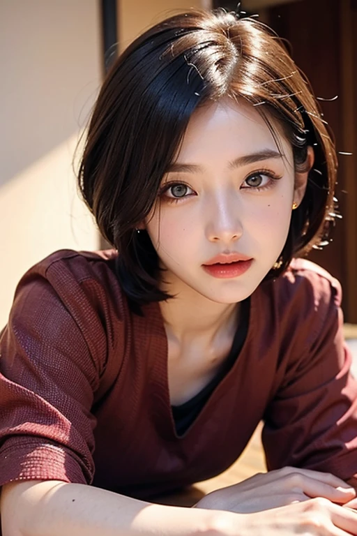 (((One girl in the Japan))), Small breasts,, (8k, RAW Photos, highest quality, masterpiece:1.2),(Realistic, photo-Realistic)、Very delicate and beautiful,8k,In detail,Beautiful fine details,highest quality,Ultra-high resolution,((Very detailed)),(((short hair)))、((double eyelid))、right eye:((Mole on outer corner of eye))、((Narrow waist))、((Tear bags))、((Red blouse))、Tight black long pants、Black bra)、pendant、(Beautiful Skin)、(Thin eyebrows)、((Full Body Shot))、