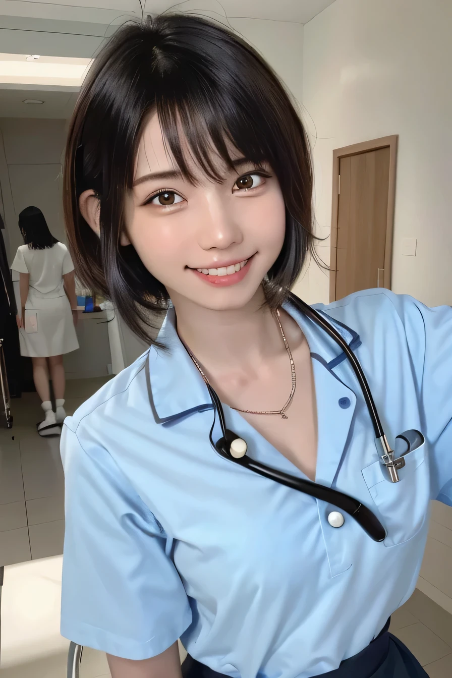 05 ((short hair)), 20-year-old female, ( Black women)、Dreadlocks、smile、Gums are visible、Beautiful teeth alignment、Black Hair、ear piercing、nurse、Nurse uniform、Stethoscope、Smiling with teeth showing、The background is in the room、、