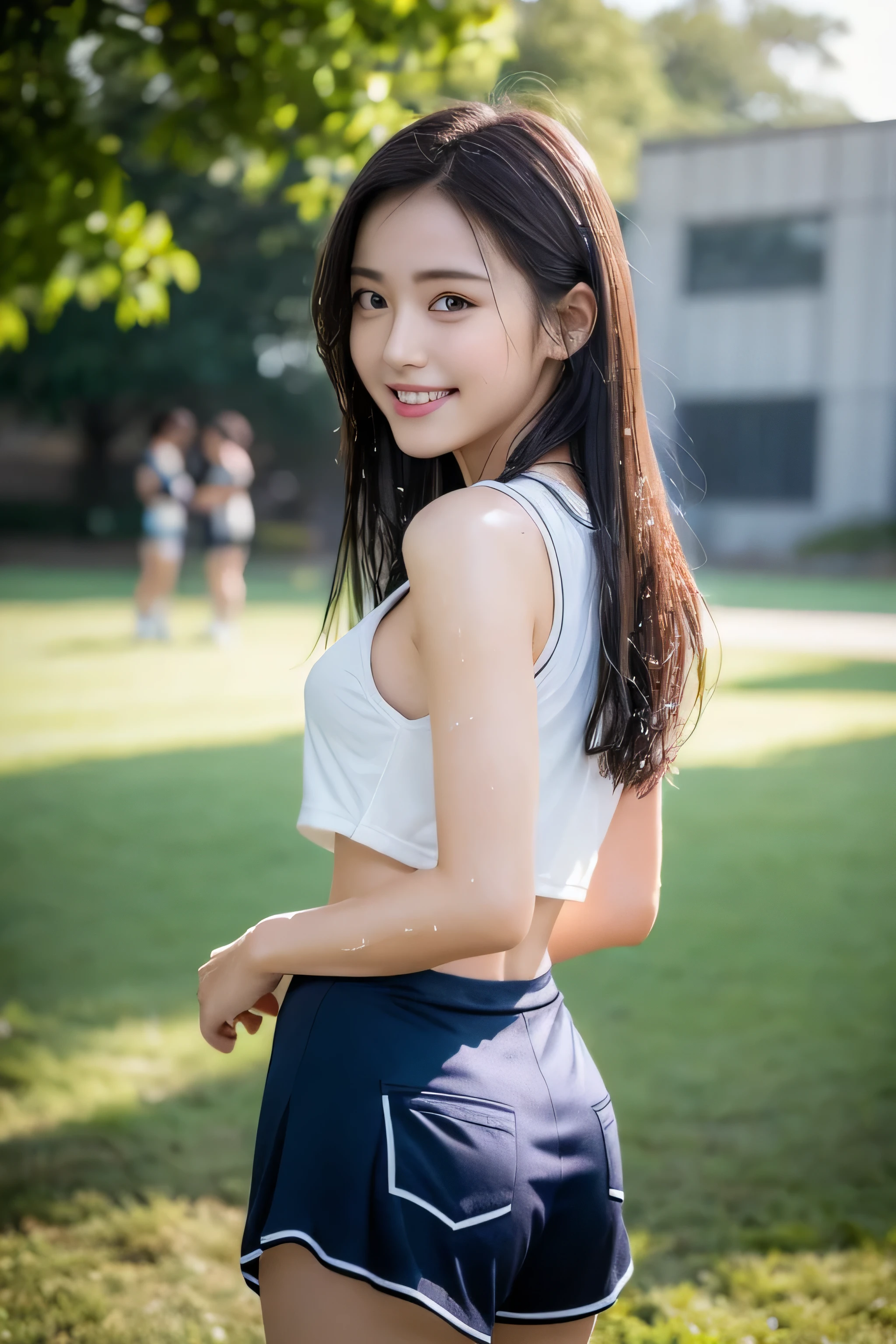 ((11 year old:1.3))、Gaping((Kuikomi))((two girl:1.3))、((feel shy:1.3))sister、((Chiquita))、masutepiece,Best quality,ultra detali,Beautiful [Little:Young:1.3] girl wearing Japanese dark blue tiny shorts, practicing track-and-field, Wearing bloomers, wearing buruma, Pale skin, Slim waist, bare slim thighs, Midriff, navel, Bangs, Short hair, Wavy Hair, Beautiful hair, photographrealistic, Realistic Girl, Raw photo, Detailed, Detailed face, Perfect face, Beautiful Face, Smile,