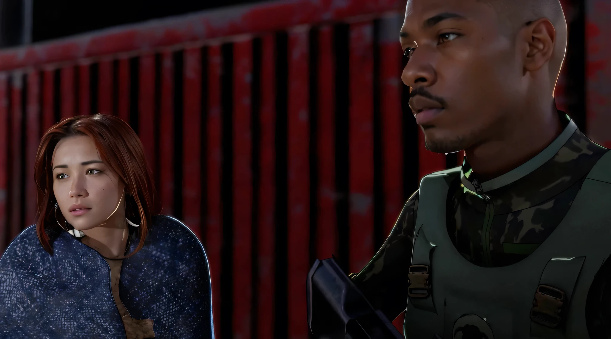 A highly detailed and ultra-realistic scene with on the left an young mixed asian/white woman and on the right a young teen black man with a light beard and mustache. The woman has auburn hairs and a dirty face