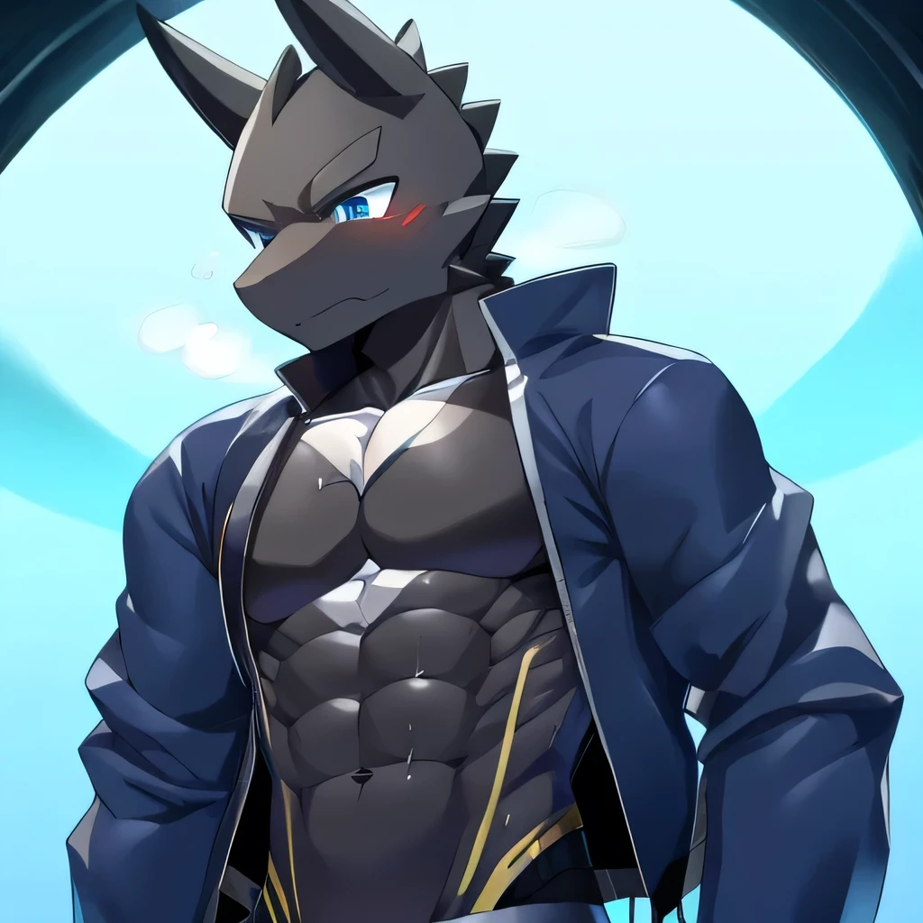 Thin macho western black dragon abs Hollow abs body suit thick arms chest rig 、sweaty skin glow profile Wearily short of breath Chemo shota
have a blue eyes Tired look jacket