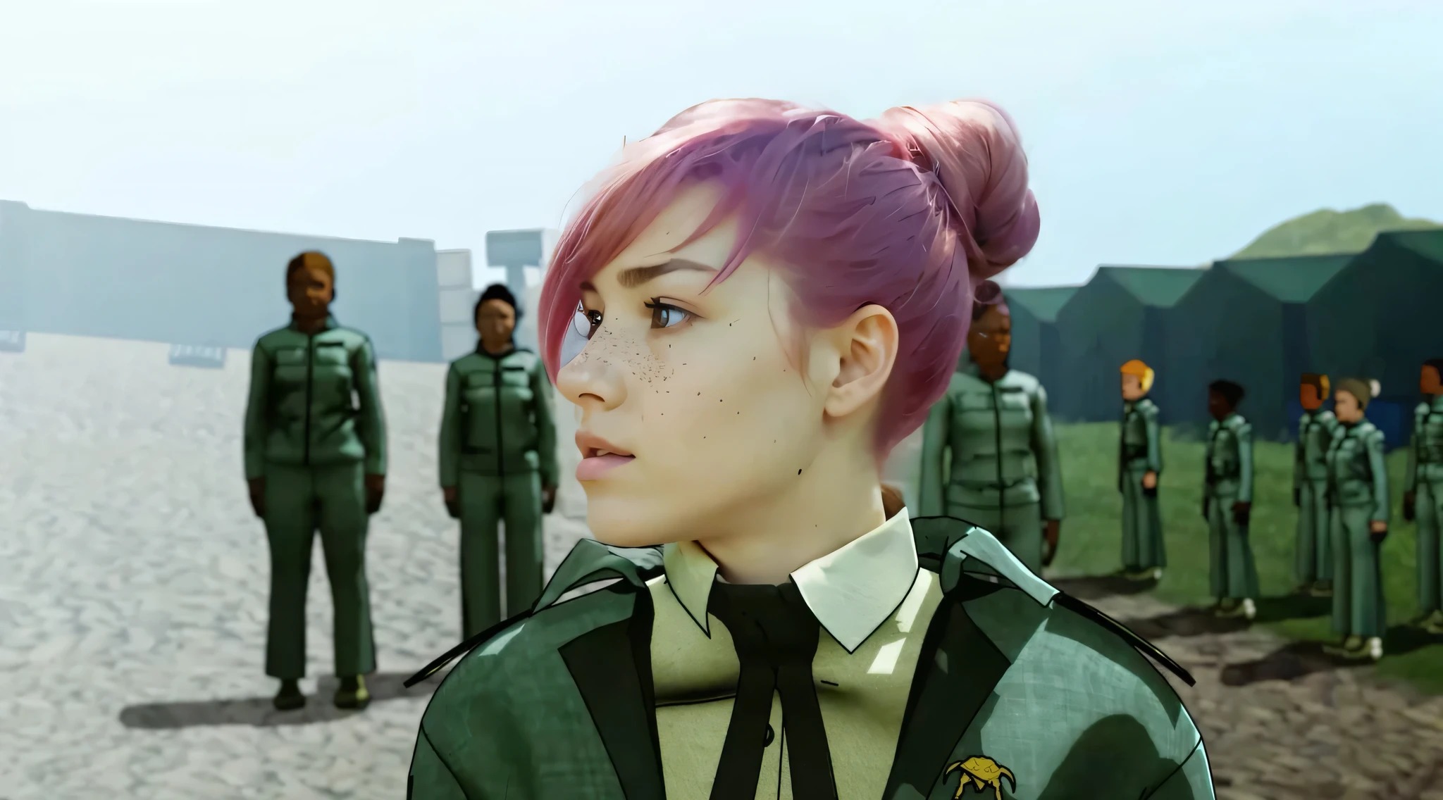 A highly detailed and ultra-realistic scene set in a military training camp. In the foreground, there is a young woman with a focused expression. She has short, pink hair styled in a neat bun with loose strands framing her face. Her eyes are dark brown, expressive, and highlighted by her natural freckles. She is wearing a green military uniform with black accents and a small emblem on her chest. The uniform has a high collar and she wears a white shirt underneath, buttoned up to the collar with a black tie.