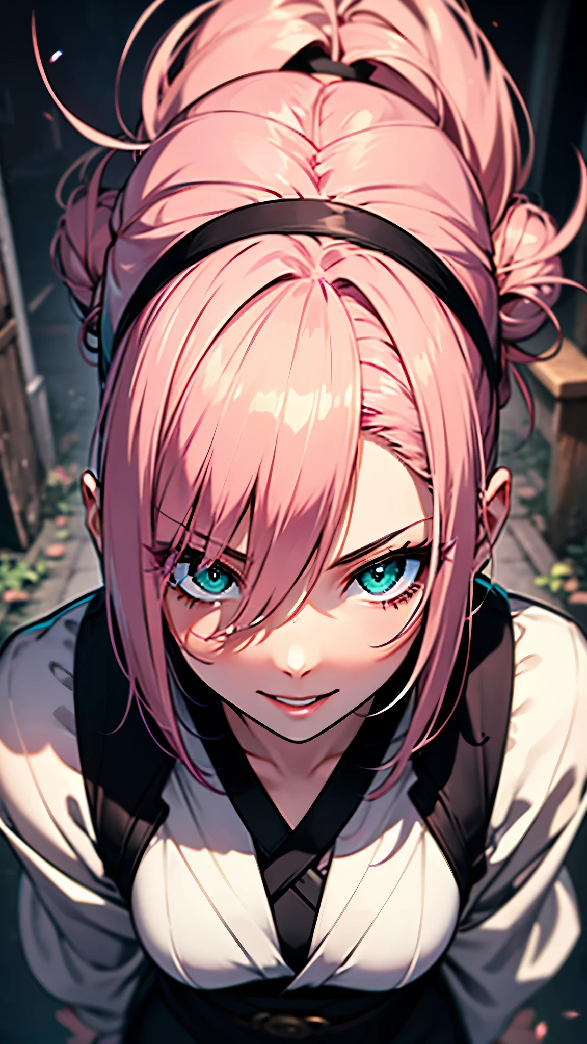 (1girl:1.3), Masterpiece, Best quality, amazing beauty, [[3D]], 4K, absurdres, finely detail, super detailed eye, perfect anatomy, official art, cinematic lighting, BREAK, foret, banboo, midnight, hair bun, colored tips, pink hair, super shiny detailed green eyes, big eyes, cute eyes, thin eyebrow, Staring, open-mouth, thin lips, smile, mascara, rouge, Eyeliner, pink lips, shy, BREAK , small breasts, tall, slim, pale skin, porcelain skin, cross arms in front, from above , BREAK ,kimono:1.3