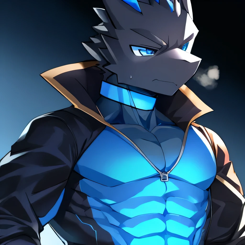 Thin macho western black dragon abs Hollow abs body suit thick arms chest rig 、sweaty skin glow profile Wearily short of breath Chemo shota Thick chest have a blue eyes Tired look Glowing abs Deep abdominals jacket profile One person Jacket