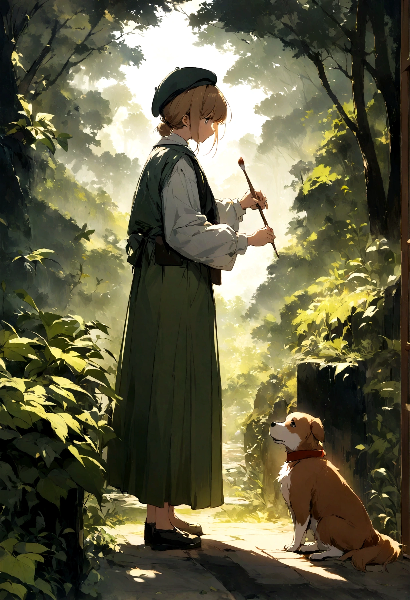 A dog wearing a beret and holding a paintbrush, immersed in the art of landscape painting amidst nature.