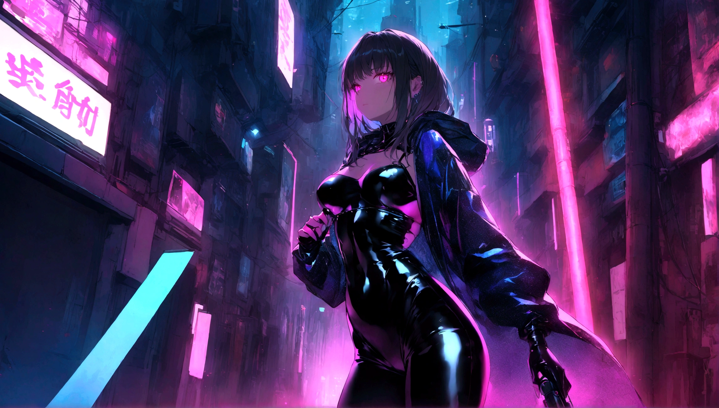 Create an image of a girl dressed in black latex in a neon-lit, hidden alley of a futuristic cyberpunk city. The scene should be dark and atmospheric, with vibrant neon signs and holograms illuminating the narrow streets. The girl should have an edgy and confident look, with elements like high-tech gadgets or accessories that fit the cyberpunk theme