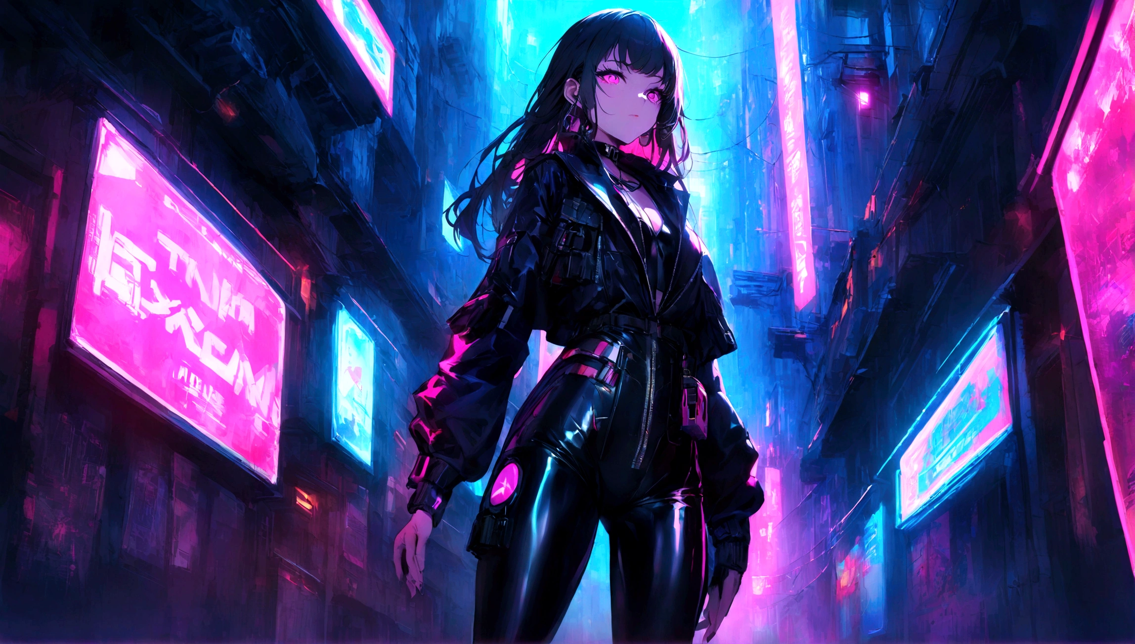 Create an image of a girl dressed in black latex in a neon-lit, hidden alley of a futuristic cyberpunk city. The scene should be dark and atmospheric, with vibrant neon signs and holograms illuminating the narrow streets. The girl should have an edgy and confident look, with elements like high-tech gadgets or accessories that fit the cyberpunk theme
