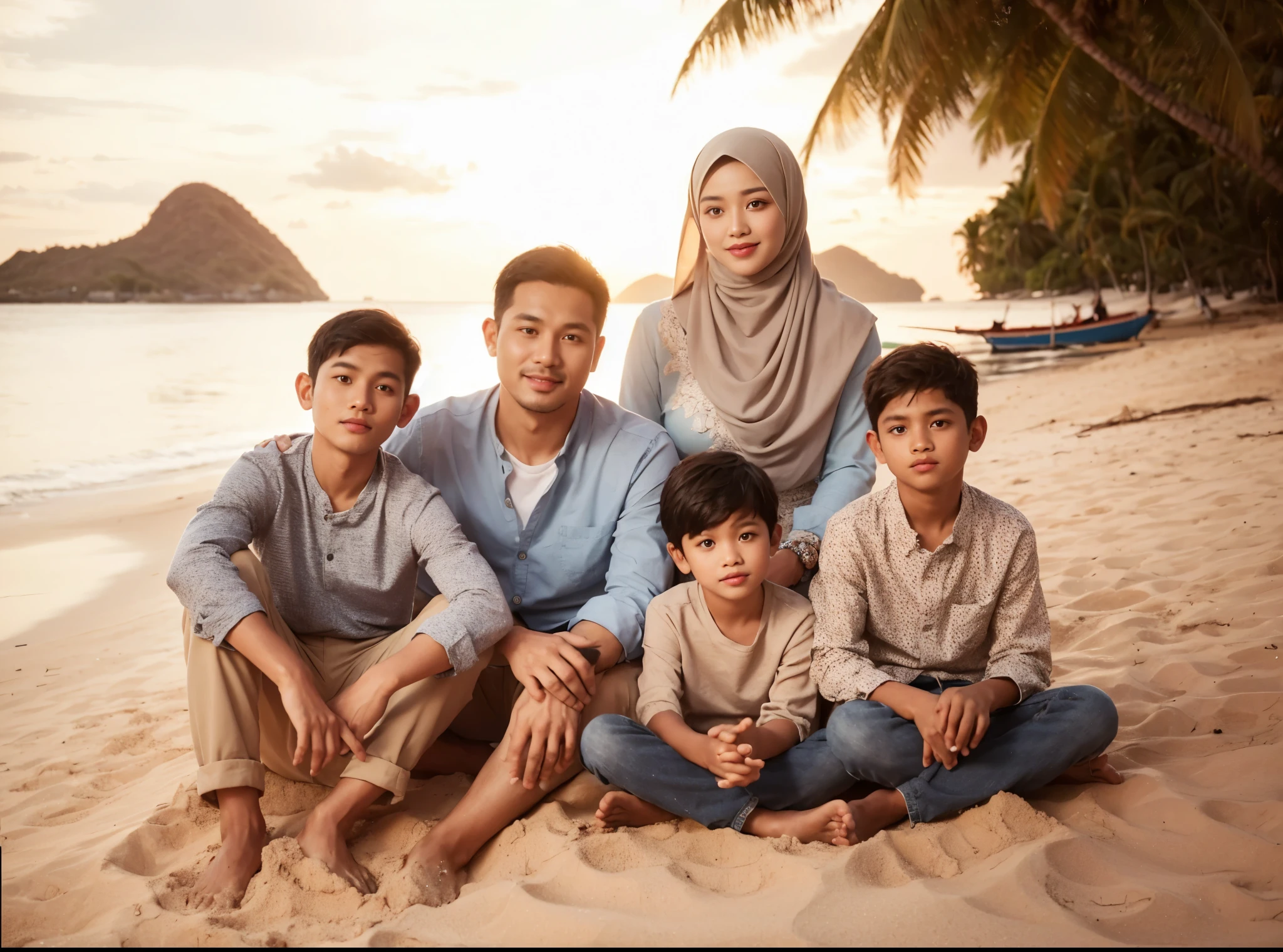Outdoor photo, featuring a portrait of an Indonesian family with five members. The 35-year-old father with a clean face (very short hair), the 35-year-old mother wearing a hijab, three sons aged 13, 8, 6. All wearing casual clothes, sitting and playing in the sand, with a beautiful beach background, including Komodo Island, coconut trees, professional photography, and a sunset.