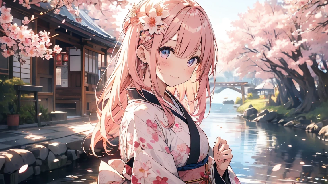 8K resolution, ((highest quality)), ((masterpiece)), ((Very detailed)), (andても繊細で美しい), and a girl, alone, 優A funny expression, 彼女はandても(relax)and(Calm)exterior, Pink Hair, Written boundary depth, Bright smile, like々A funny expression, bright peach-colored eyes, 美しいPink Hair, Beautiful background, Long Hair, Line art, Pink kimono, Japan, Japan風, cherry blossomsのように輝く瞳, Upper Eye, Great eyes, cherry blossoms, cherry blossomsの木, cherry blossomsの花が舞っている, Upper Body