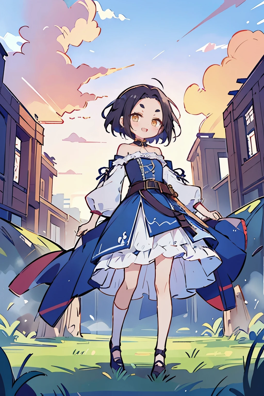 Hui Xiyi, Rekkyo Sensen, fantasy world, ruins, fort, beautiful sky, shining sky, sunshine, camisoles, belts, blue clothes, cross choker, wind blowing dress, lace dress, off-shoulder sleeves, white legwear, forehead, medium hair, short hair