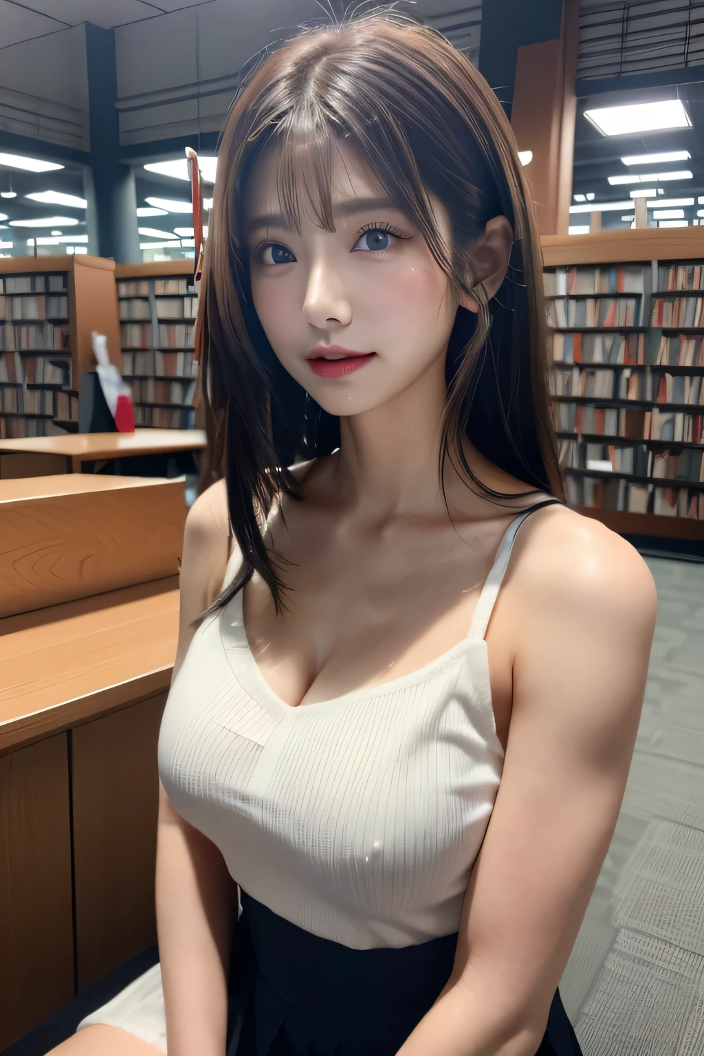 Beautiful fine details, (suit:1.3), (Natural Lip), Natural Hair, Natural Makeup,(((library:1.3))),Skirt with exposed skin、(Reddish brown wet shiny hair)、(Floral braided headband、Half Up、Floral,),(Space braids、Voluminous fishtail braids、Twisted pan、)、(The bangs are see-through)、hairpin、hair ornaments、cheeks turn red、Pointy red mouth、Large Breasts、Perfect body curves、Beautiful clavicle、Wet Hair、Wet Face、Wet body、Wet Skin、Wet costume、Detailed clothing features、Detailed hair features、Detailed facial features、looking at the camera、(Dynamic Angle)、(Dynamic and sexy pose) )、Cinema Light、(masterpiece、highest quality、Ultra-high resolution output images、Write boundary depth、Intricate details、Adding dimension to your subject with the contrast of light and shadow、)、Digital illustration、Single-lens reflex camera、(Photorealistic:1.3)、(8K quality、Anatomically correct facial structure、)、(Picture Mode Ultra HD、)