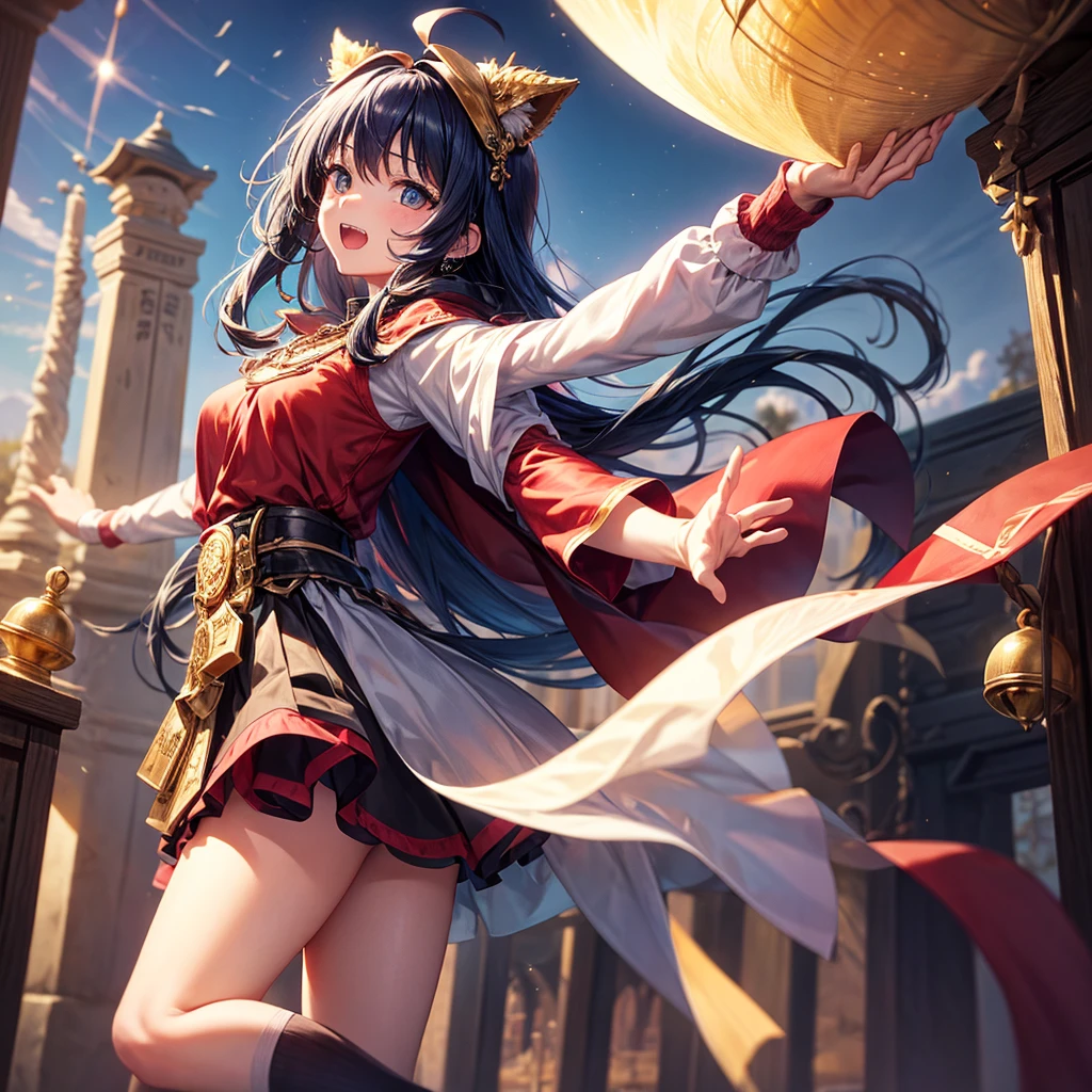 Red Blue Hair、Golden Eyes、Braid、One good looking girl、solo、anime、Checkered mini skirt、Ruffles on the skirt、Red T-shirt、Cape、Gothic、Black knee-high socks、bandana、Wearing a ribbon、Ribbon on waist、Tilting face、Teeth are visible、Sunset sky、Piercing the clouds、Contrail、Cumulonimbus、Pillar of Light、Silver coin necklace、A world of light、Spreading his arms for balance、shine、Tap from above、bell、torii、Desert Oasis