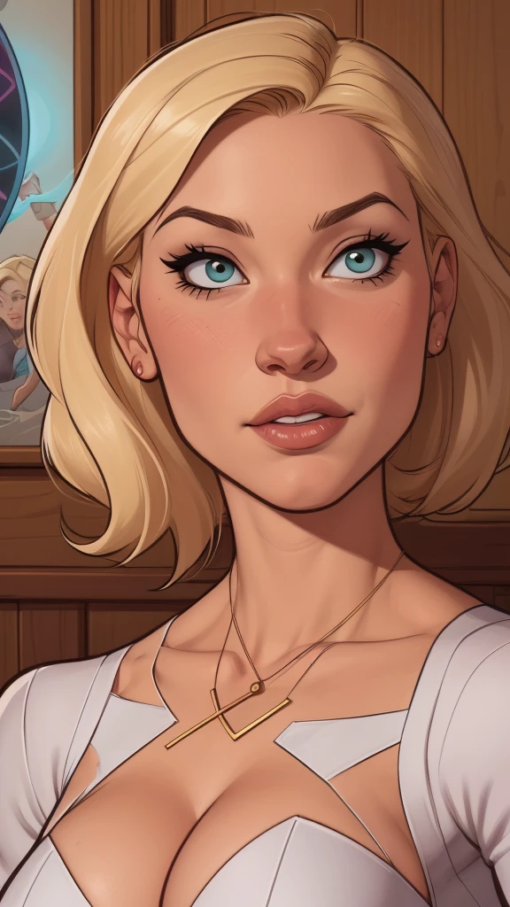 uma imagem de desenho animado de uma mulher com seios grandes e um colar, Betty Cooper, portrait of Emma Frost, Emma Frost, zenoscope, Gwen Stacy, Krenz Cushart e Artgerm, quadrinhos artgerm, phil noto arte em quadrinhos, J.. Scott Campbell, German style art, Artgerm e Warren Louw, J. Scott Campbell