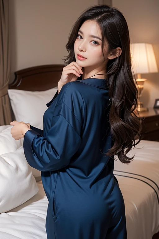 highest quality、4K、Perfect Face、Perfect Style、Sunburn、beautiful、cotton dark blue pajamas、Mature、long curly layer brown hair、Swept-back hair、full body, in bedroom、no make up、in morning、sexy 、charming、healthy
