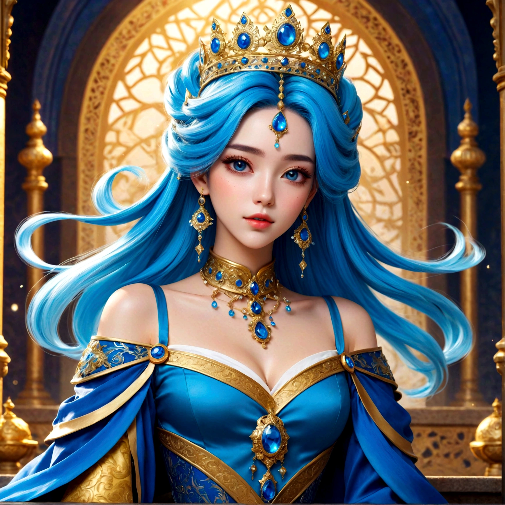 18 years old with blue hair wearing a gold crown and a blue wig, fantasy art style, ((a beautiful fantasy empress)), a beautiful fantasy empress, artwork in the style of Girl, azure. detailed hair, 18 years old, palace , a girl in hanfu, beautiful celestial mage, anime girl with cosmic hair