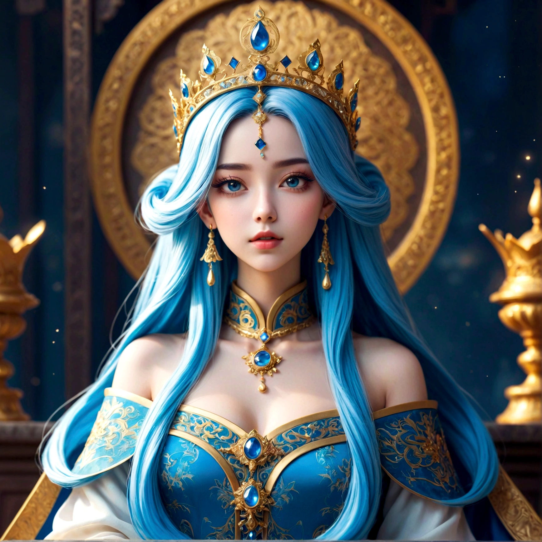 18 years old with blue hair wearing a gold crown and a blue wig, fantasy art style, ((a beautiful fantasy empress)), a beautiful fantasy empress, artwork in the style of Girl, azure. detailed hair, 18 years old, palace , a girl in hanfu, beautiful celestial mage, anime girl with cosmic hair