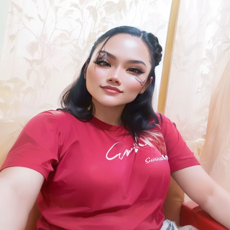 there is a woman sitting on a couch with a red shirt, with short hair, photo of a woman, long hair and red shirt, cindy avelino, 30 years old woman, 3 0 years old woman, portrait of modern darna, photo taken in 2 0 2 0, wearing red attire, with long hair, nivanh chanthara, uploaded