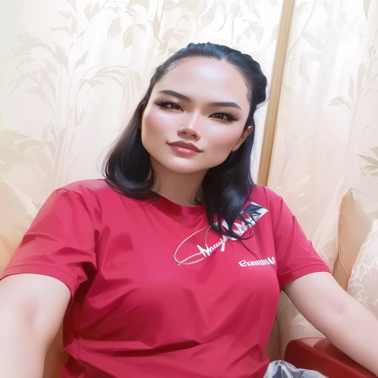 there is a woman sitting on a couch with a red shirt, with short hair, photo of a woman, long hair and red shirt, cindy avelino, 30 years old woman, 3 0 years old woman, portrait of modern darna, photo taken in 2 0 2 0, wearing red attire, with long hair, nivanh chanthara, uploaded
