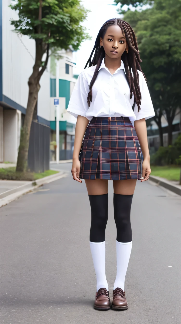 High quality manga style, Beautiful 22 year old Jamaican dark skinned girl, A girl with dreadlocks and long straight legs stands still in a Japanese JK summer uniform, Tartan Check Skirt, Short black socks,No background, Look forward, Full Body Shot, looking into camera lenz Look forward、tights