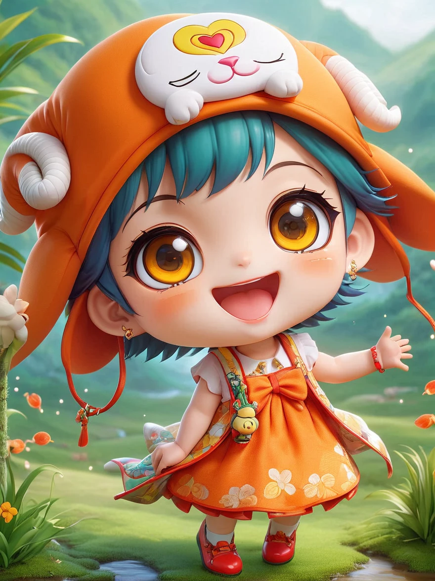 (chibi)，(masterpiece, top quality, best quality, official art, beautiful and aesthetic:1.2), cute lamb ip,koi,chibi face,grass,red scar, laugh,beautiful dress, cute cartoon diagonal shoulder bag, orange cartoon glasses, yellow pattern wool cap, 1fkxc1