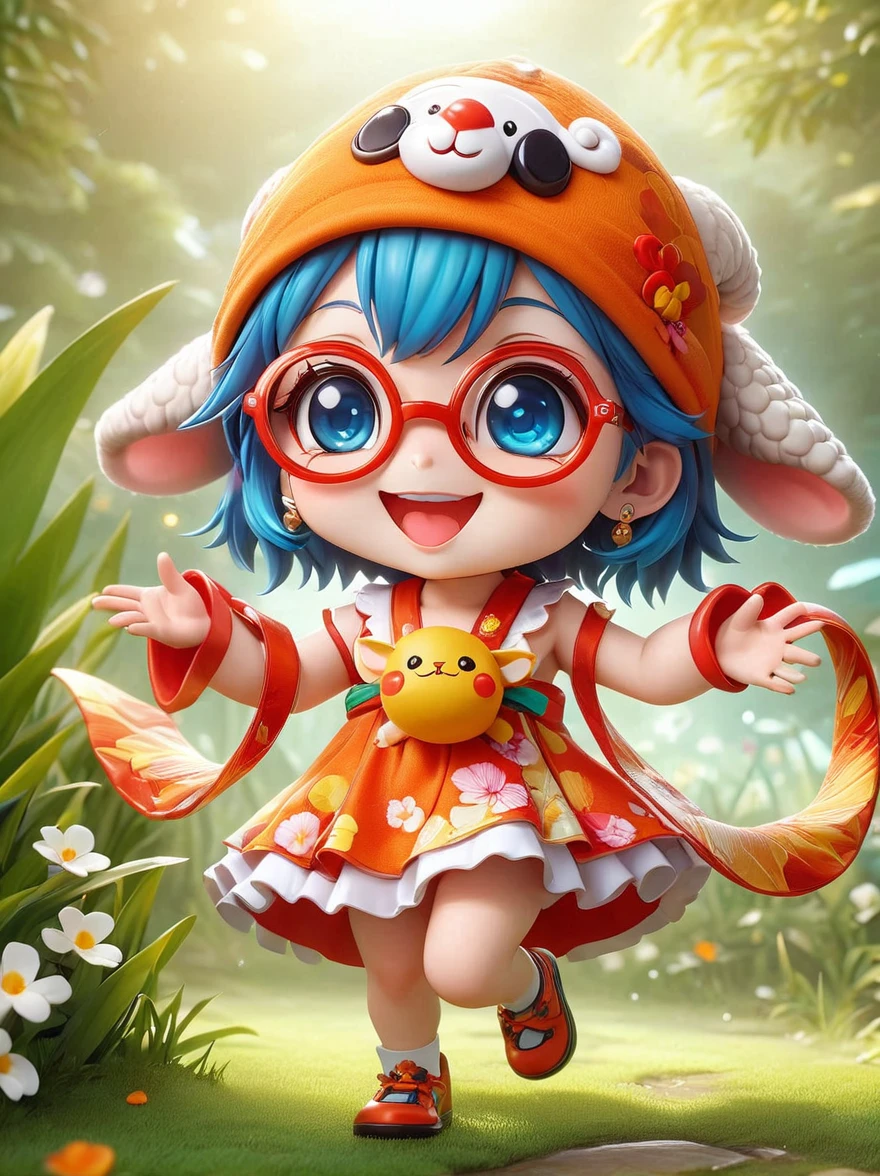 (chibi)，(masterpiece, top quality, best quality, official art, beautiful and aesthetic:1.2), cute lamb ip,koi,chibi face,grass,red scar, laugh,beautiful dress, cute cartoon diagonal shoulder bag, orange cartoon glasses, yellow pattern wool cap, 1fkxc1