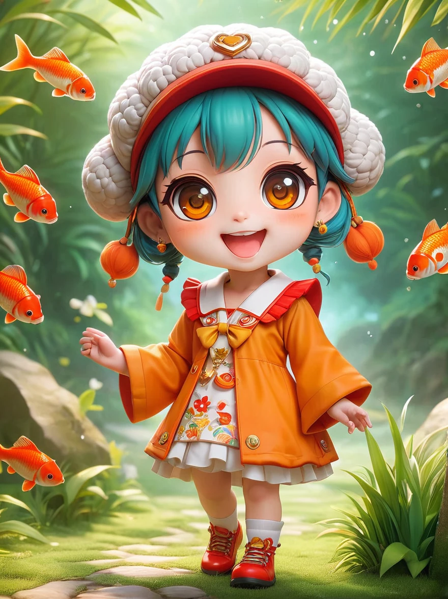 (chibi)，(masterpiece, top quality, best quality, official art, beautiful and aesthetic:1.2), cute lamb ip,koi,chibi face,grass,red scar, laugh,beautiful dress, cute cartoon diagonal shoulder bag, orange cartoon glasses, yellow pattern wool cap, 1fkxc1