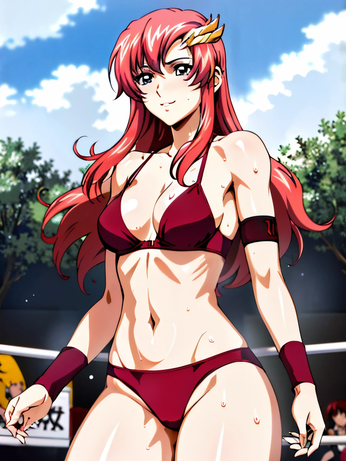 lacus4, (red bikini, running, string thong, thin girl, masterpiece, cowboy shot, very slim shoulders, 4K, Best Quality, Anime style: 1.9, happy, Adult Woman, (ultra detailed head), (Crowd, cloud background), Drawing lines, high resolution, lacus4), 1girl, Solo, curvy figure, clavicle, scapular, (Detailed wide hair bangs, Hair Ornament, Detailed reddish-pink hair, shiny streaks, slim arms, detailed golden crest), cleavage, large hands, (hair cover shoulders). (Big blue eyes, shiny eyes), ((female wrestler, (slim body), slim arms, closed fists, thighs)), ((perfect proportions, medium-small breasts, medium thighs, long belly, drenched in sweat, drenched in sweat)), ((totally red bra, red arm band, red arm band)), smile with a wink, (standing, hot colors), detailed fingers, (bare shoulders)
