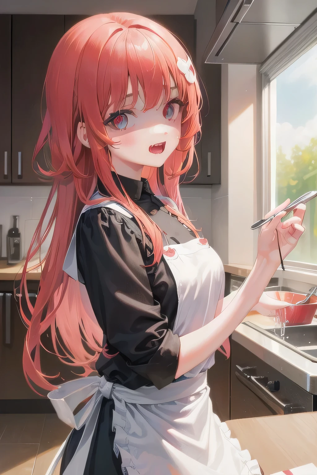 (Tabletop:1.0), (highest quality:1.4), (High resolution:1.2), From the side,Sharp contours, long hair, highest quality, masterpiece,Glasses,Voice of the Heart,yandere,Browsing Caution,nude,facial,Excessive ,Chest to chest,Upper Body,Ecstasy,saliva,blush,Heterochromia iridis,Colorful Hair,Dynamic composition,kitchen,apron